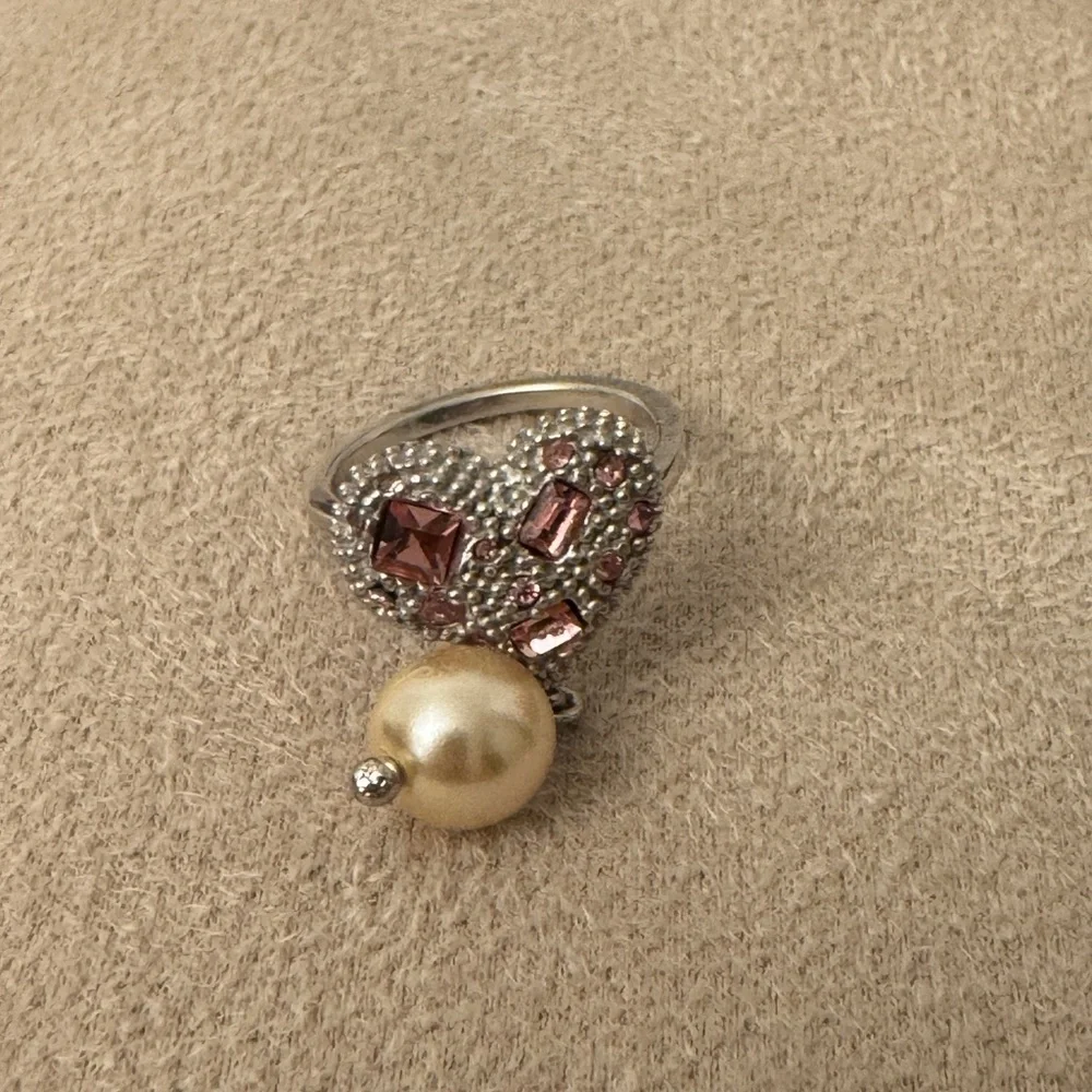 Miu Miu Sterling Silver 925 Crystal Heart Ring Pearl Pink Rhinestone Adjustable - Picture 2 of 9